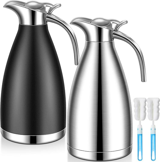 Uiifan 2 Pcs 68 oz Thermal Coffee Carafe Insulated Stainless Steel Coffee Carafe for Hot Liquids Vacuum Thermal Pot Creamer Dispenser with Brushes Keeping Hot Tea Milk Water(Black, Silver)