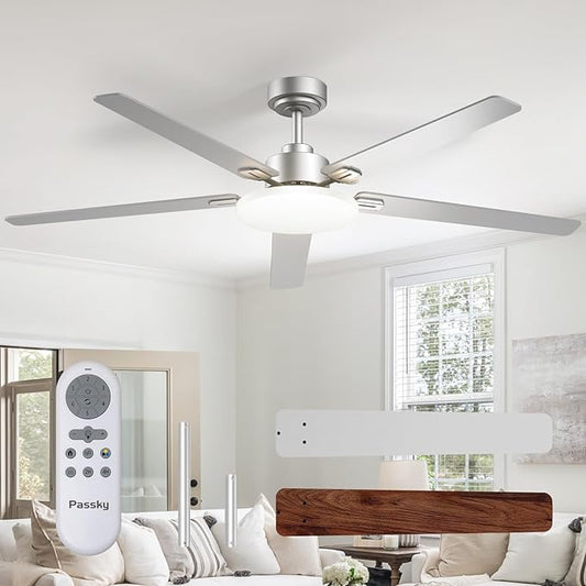 Passky Ceiling Fans with Lights, 60 inch Sleek Ceiling Fan with Light and Remote Control, 3CCT, Dimmable, Reversible, Noiseless, Silver Ceiling Fan for Bedroom, Living Room