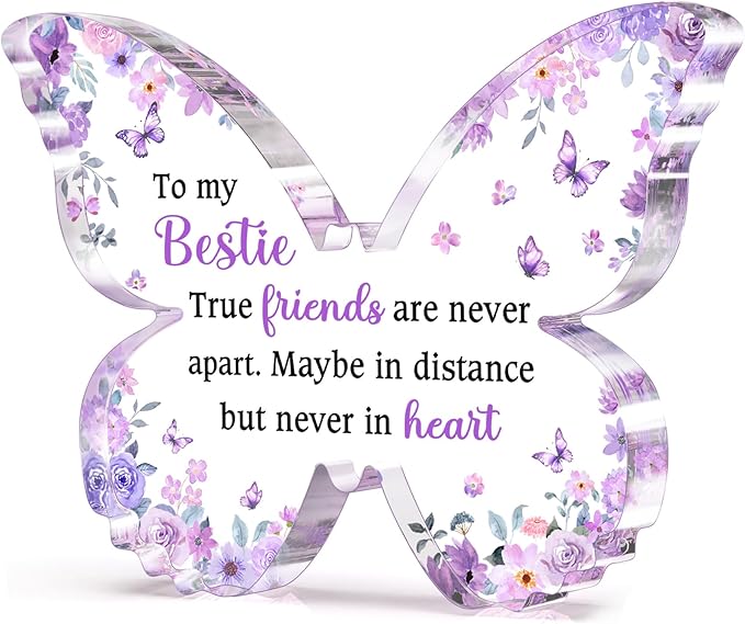 Best Friend Gift for Women, Unique Purple Butterfly Acrylic Plaque Desk Decor, Bestie Best Friend Birthday Gifts for Women Friendship for Bff Bestfriend, 5 x 3.8 x 0.5 inches