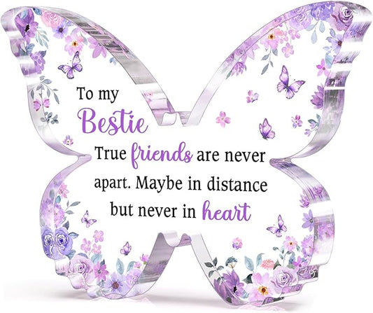 Best Friend Gift for Women, Unique Purple Butterfly Acrylic Plaque Desk Decor, Bestie Best Friend Birthday Gifts for Women Friendship for Bff Bestfriend, 5 x 3.8 x 0.5 inches