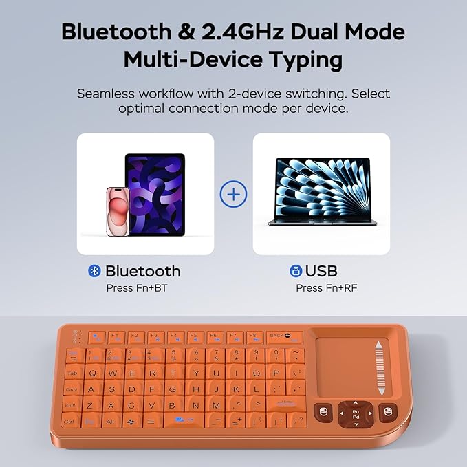 Mini Bluetooth Keyboard with Touchpad – Sturdy Aluminum Frame, Rechargeable & Portable – Seamless Connectivity for iPad, Mac, PC – The Perfect Companion for Smart Home, IT Tech & Field Service-Orange