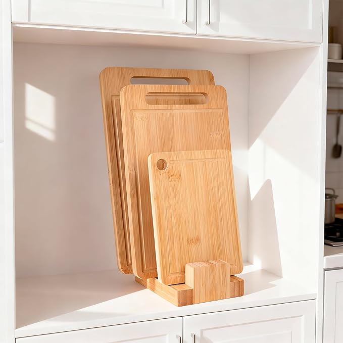 Donxote Bamboo Cutting Board Organizer Rack - Pot Lid, Baking Pan, Bakeware & Knife Holder, Cabinet and Countertop Storage Stand for Kitchen, Dish, Plate, and Cookbook