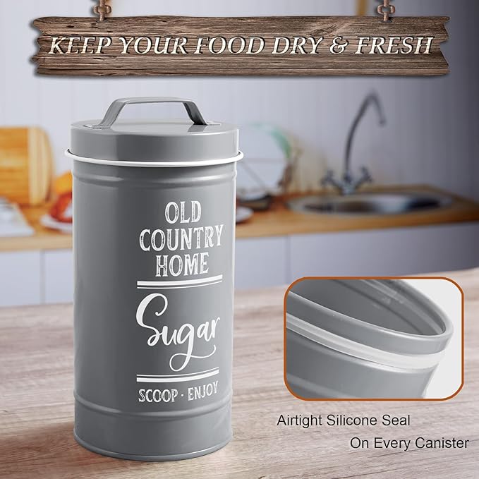 DAYYET Gray Canisters Sets for the Kitchen, Airtight Kitchen Canisters for Countertop, Flour and Sugar Containers, Tea Coffee Sugar Canister Set, Gray Kitchen Decor and Accessories, Set of 4