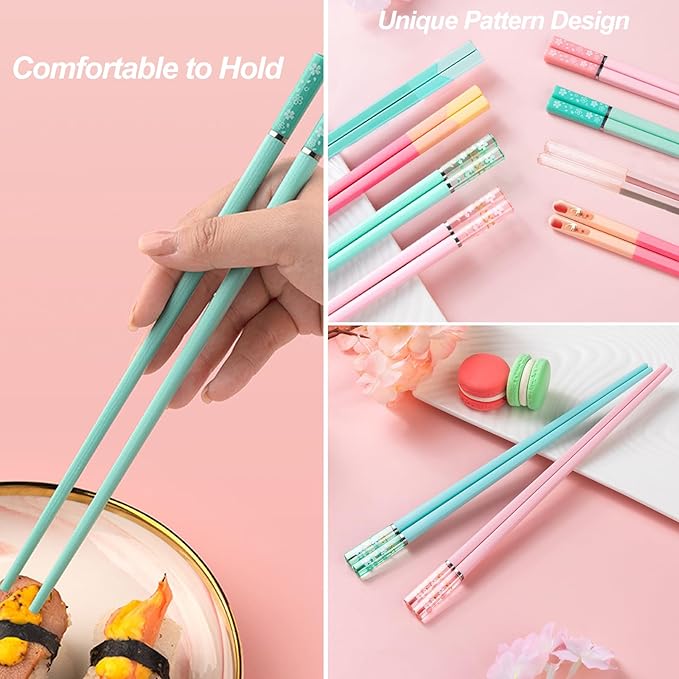 Chopsticks Reusable Dishwasher Safe, 9.57 inches Premium Non-slip Fiberglass Chop Sticks, Japanese Chinese Korean Chopstick for Party, Green, 5 Pairs