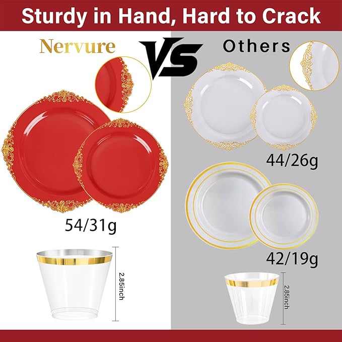 Nervure 350PCS Red Plastic Plates - Red Gold Plastic Dinnerware Sets for 50 Guests - 100 Gold Disposable Plates, 50 Pre Rolled Silverware Sets, 50 Cups Perfect for Wedding & Party & Mothers Day