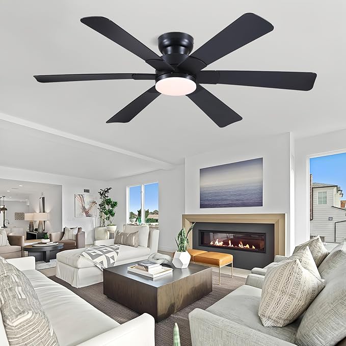 Asyko 52" Black Low Profile Ceiling Fans with Lights and Remote, Modern Indoor Ceiling Fan Light with Quiet Reversible DC Motor, Flush Mount Ceiling Fans with Dimmable LED for Bedroom Kitchen
