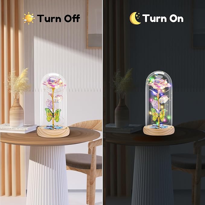 Otlonpe Preserved Forever Mothers Day Flower Gifts for Mom, Glass Rose Wood Base Colorful Light Butterfly Gifts for Women Grandma Girlfriend Wife Her, Valentines Mothers Day Christmas Birthday