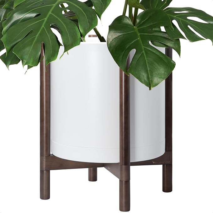 D'vine Dev Plastic Pot with Walnut Wood Stand, White, 16 in, 55-C-X-1 | Mid-Century Inspired Design, Elevated Plant Display, Clean Lines, Sturdy Support, Modern Space-Saving Style