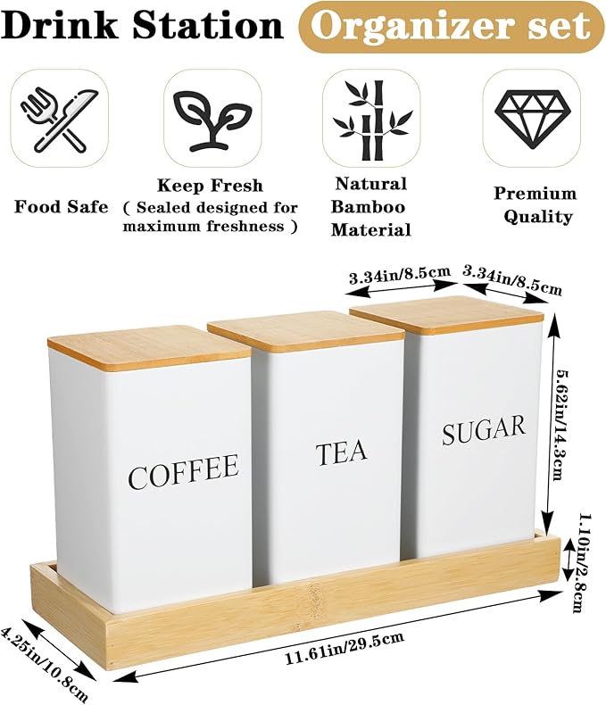 Coffee Tea Sugar Container with Tray, Set of 3 Square Airtight Metal Storage Canister with Bamboo Lids White Metal Teas and Coffee Canisters Set for Kitchen, Dining, Cupboard, Snack
