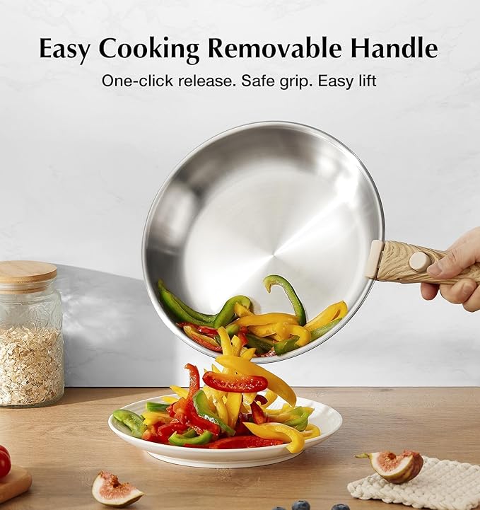 KOCH SYSTEME CS Stainless Steel Frying Pan Set, 8" & 9.5" & 11" 18/10 Stainless Steel Pan Set with Stylish Removable Handles, Tri-Ply Steel Base for Rapid Heating, Induction Compatible Camp Pan