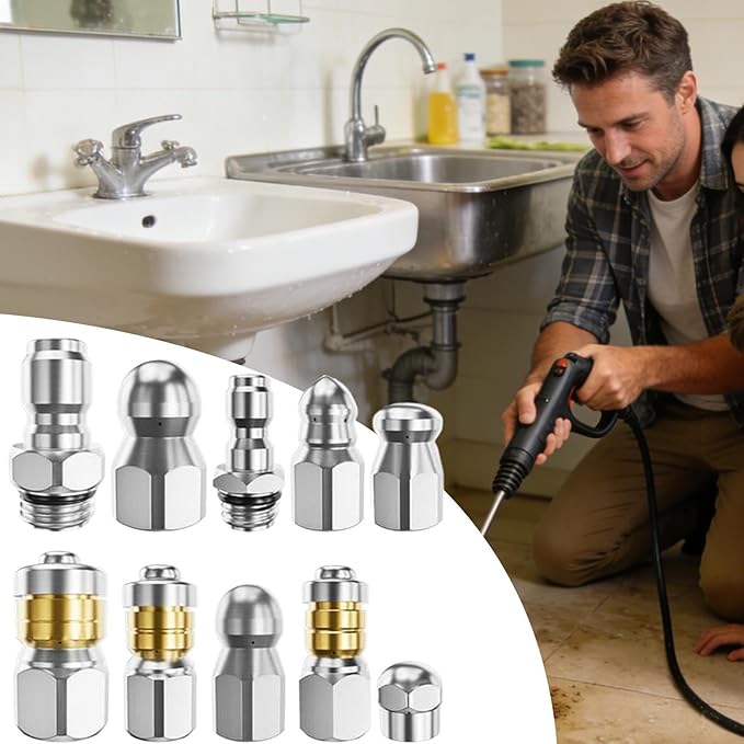 Pressure Washer Jetter Nozzle | with Connectors Tips - 10-Piece High Pressure Drain Cleaner Nozzle | for Home Kitchen Parking Lot Sink Pipe Floor Drain Downspout