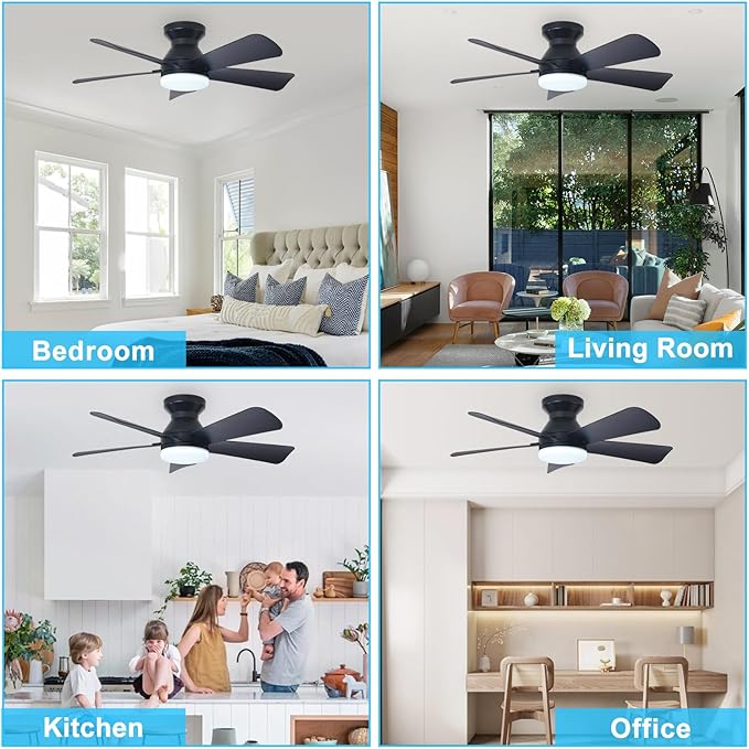 Depuley Modern Ceiling Fan with Light: 35-Inch Black Small Fans for Bedroom Indoor Outdoor - Dimmable Low Profile Ceiling Fans with Remote Control Flush Mount 5 Reversible Black Blades 6 Speeds Timer