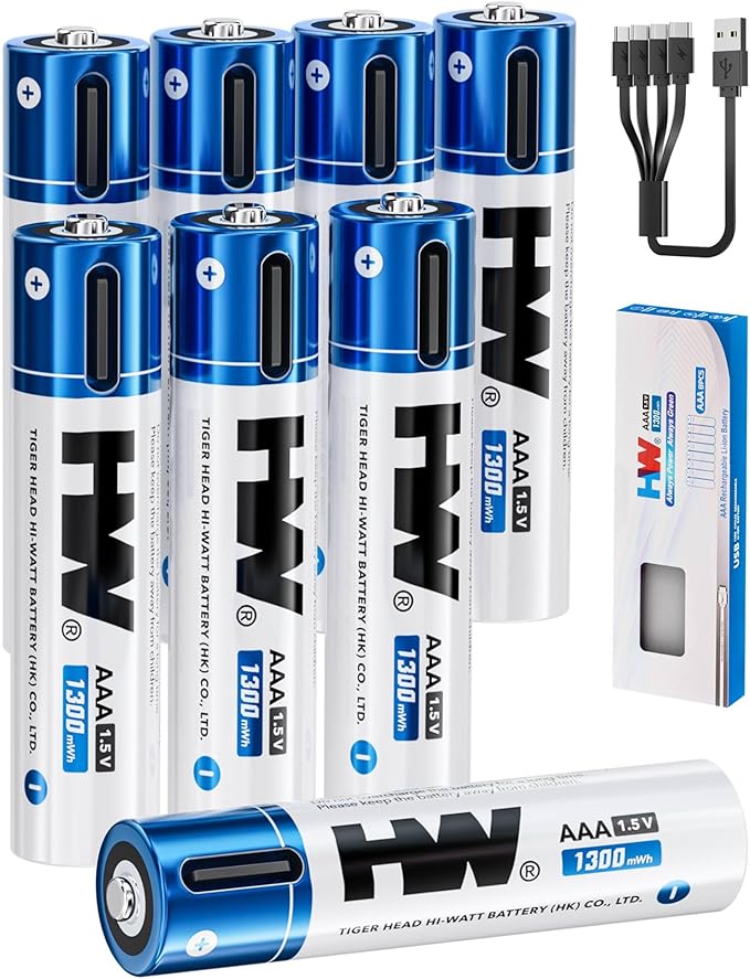 HW AAA Rechargeable Lithium Battery, [1.5V, 8-Pack] 1300mWh 3A Batteries with USB-C Cable, 1600Cycles Triple A Batteries for Remote Controls, Wireless Mouse, LED Flashlights, Electronic Toys, etc.