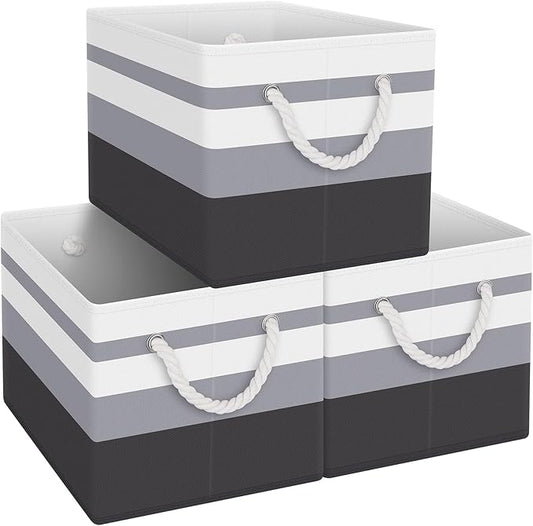 Fab totes Storage Bins [14-Pack], Foldable Storage Baskets for Organizing Toys, Books, Shelves, Closet, Large Storage Box with Rope Handles, Sturdy Organizer Bins, White & Black