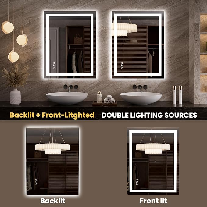 LOAAO 27.6"x35.4" LED Bathroom Mirror with Lights, Anti-Fog, Dimmable, Backlit + Front Lit, Lighted Bathroom Vanity Mirror for Wall, Memory Function, Tempered Glass, Safe to Use, ETL Listed