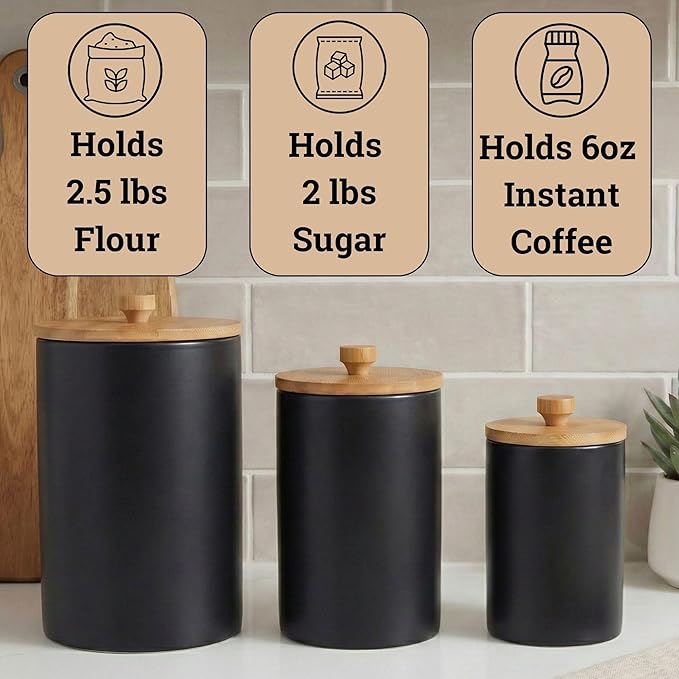 Ceramic Kitchen Canisters for Countertop Set of 3 with Airtight Bamboo Lids - Black Kitchen Canisters with Airtight Lids - Flour Sugar Canister Set - Flour and Sugar Containers Farmhouse - Coffee Jar