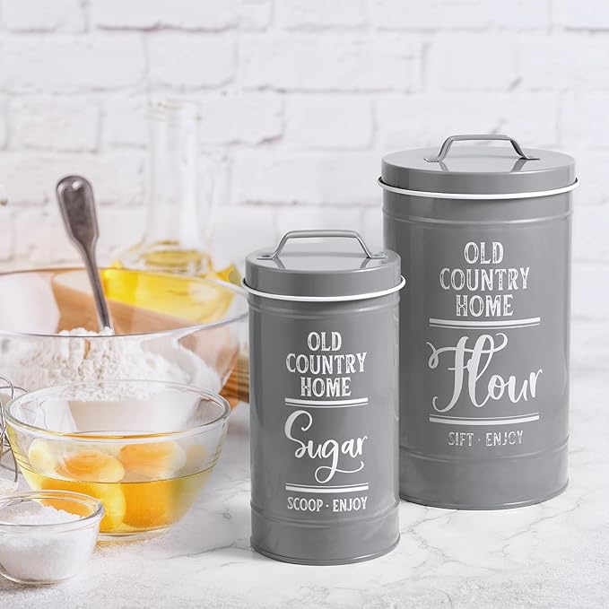 DAYYET Gray Canisters Sets for the Kitchen, Airtight Kitchen Canisters for Countertop, Flour and Sugar Containers, Tea Coffee Sugar Canister Set, Gray Kitchen Decor and Accessories, Set of 4