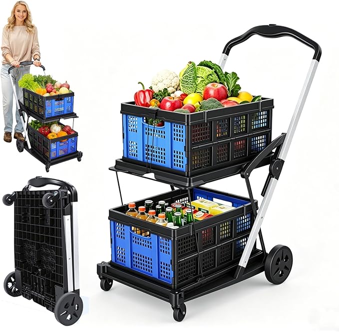 Collapsible Shopping Cart with Wheels, Heavy Duty Grocery Cart with 2 Storage Crates, Two Tier Portable Utility Carts Shopping Trolley for Picnic, Supermarket, Office,Warehouse 2026 Upgraded (Blue)
