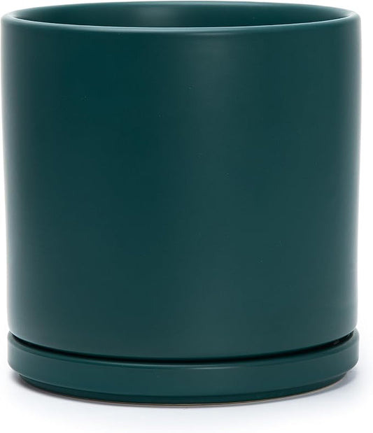 D'vine Dev 8 Inch Ceramic Planter Pot, Teal, 94-O-D-9 | Modern Cylinder Design, Drainage Hole & Saucer Included, Stable Structure, Elegant Home Accent