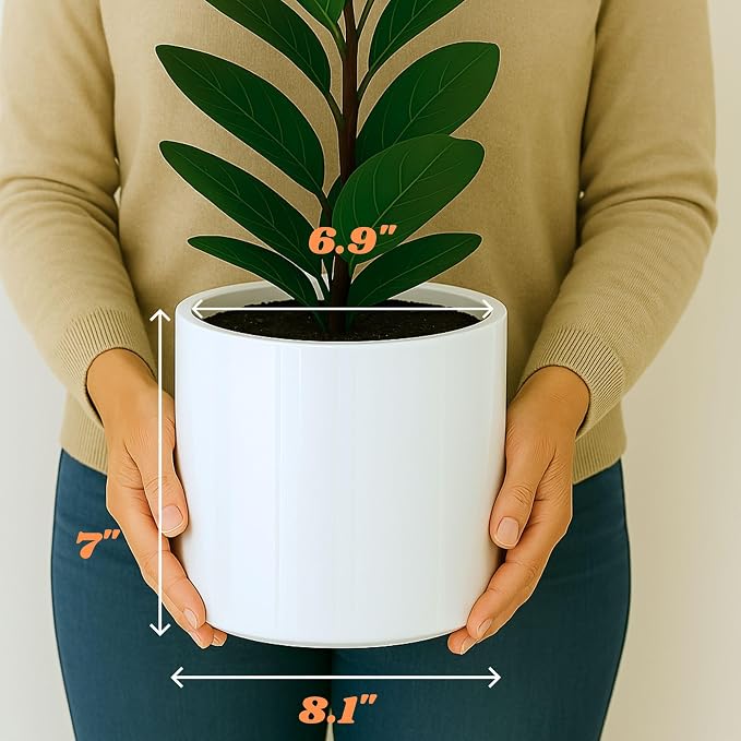 Fox & Fern Large Indoor Planter, Modern Large Plant Pot for Indoor or Outdoor, UV and Frost Resistant - 8 Inch, Glossy White Flower Pot with Drainage Plug, Lightweight