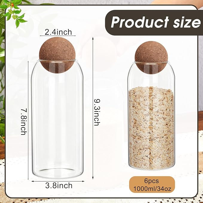 Suclain 6 Pcs Glass Jars with Cork Ball Lid Farmhouse Kitchen Canisters Coffee Bar Countertop Container Rustic Storage Jars for Bean Nut Sugar Coffee Tea Organizer Housewarming Gift (34 oz)