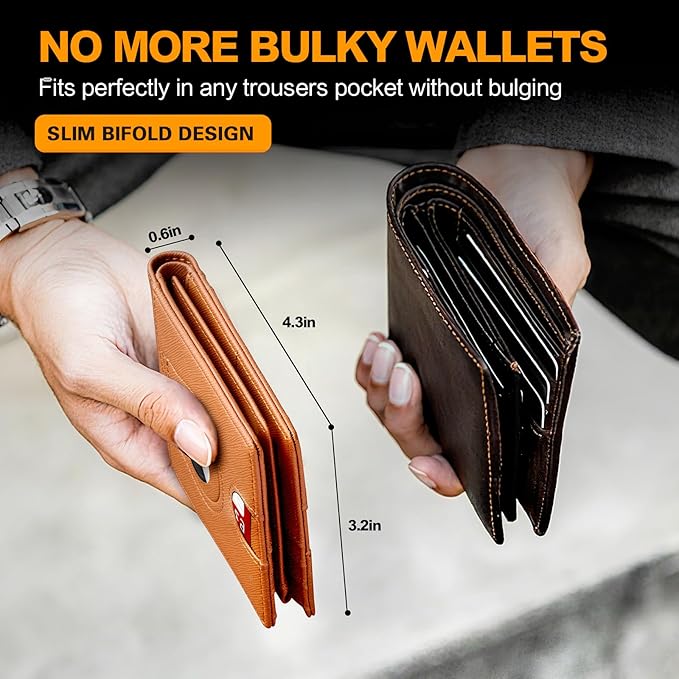 Wallet for Men Slim RFID Blocking Bifold Carbon Fiber,Minimalist Small Compact Front Pocket Credit Card Holder,Thin Mens Leather Wallets Smart Security With 2 ID windows 1 Cash (Cross Brown)