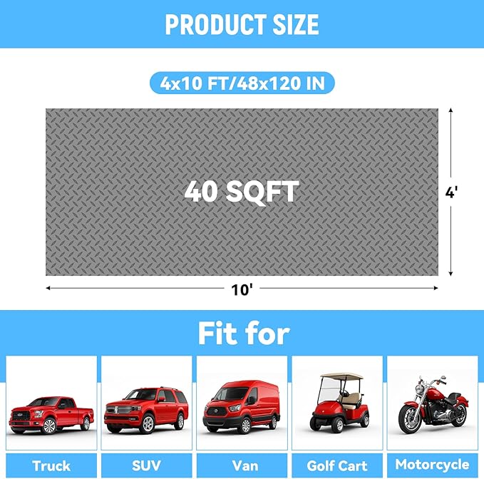 4x10 FT Garage Floor Mat, 2.8mm Thickened PVC Flooring Roll for Under Car, Golf Cart Parking Mat, Diamond Plate Gray Motorcycle Mat for Warehouse, Basement, Gyms, Trailer（Included Tapes）