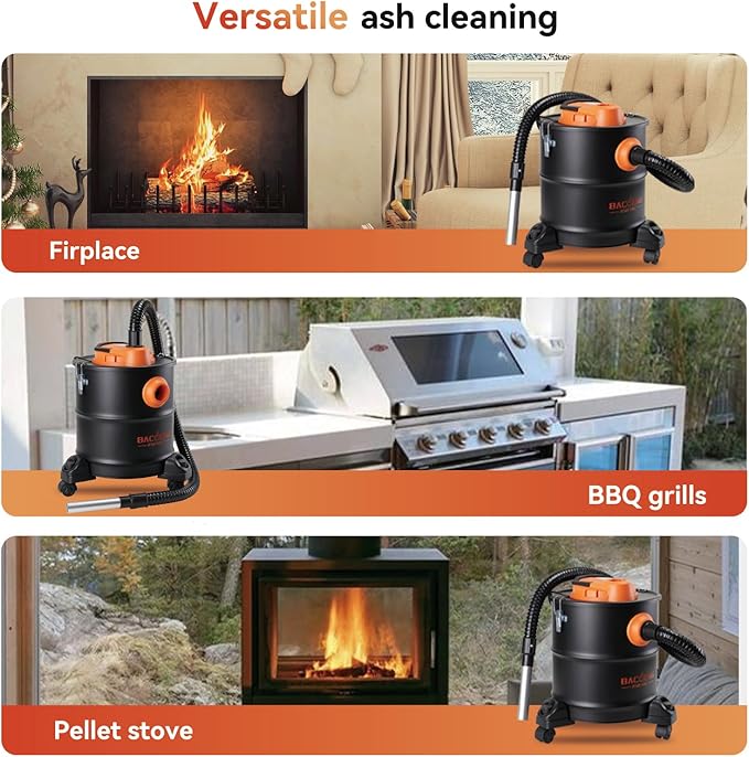 BACOENG Ash Vacuum for Pellet Stoves, Fireplace Ash Vac 5.2 Gallon 1200w with Double Stage Filtration System, Ash Vacuum Cleaner for Fireplaces, Wood Stove, Pellet Grill