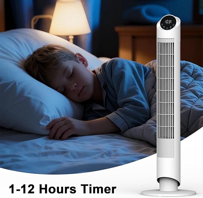 hykolity Tower Fan for Bedroom, 90° Oscillating Fan, 28dB Ultra Quiet Floor Fan with Remote Control, 26ft/s Velocity Bladeless Floor Fan with 3 Speeds & 4 Modes, 12H Timer - White