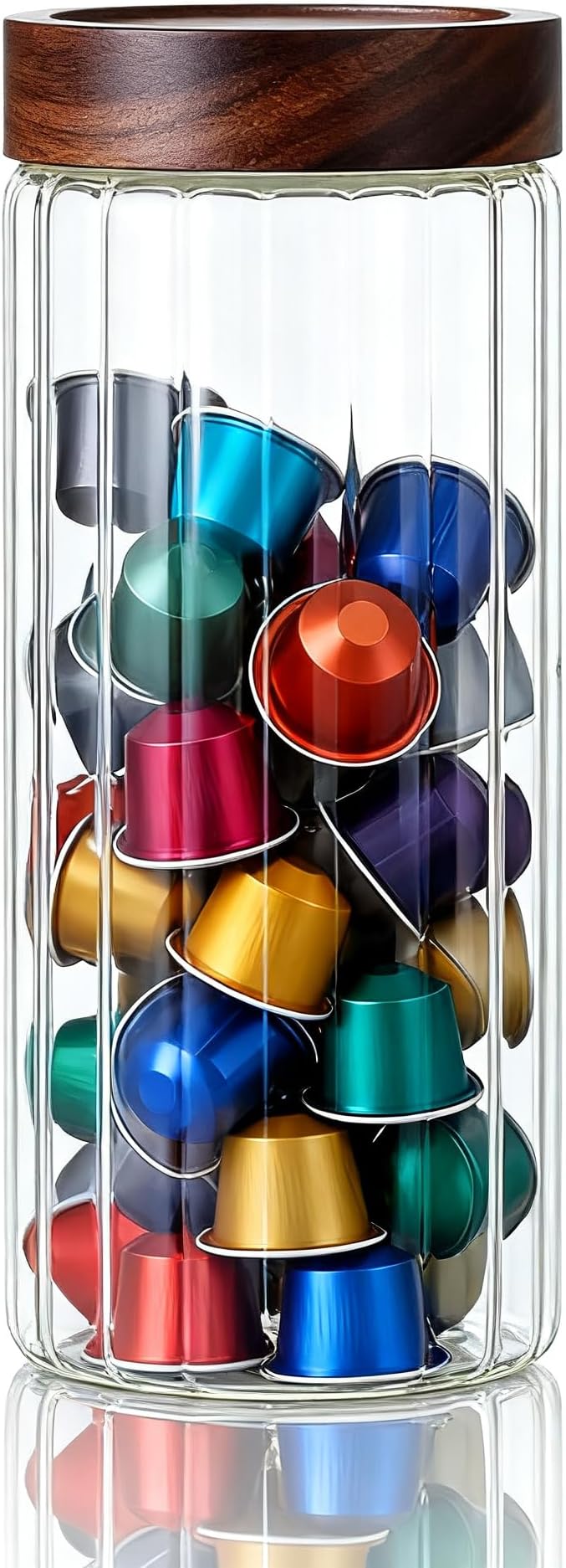 Decorative Borosilicate Glass Jar with Screw Top Airtight Wooden Lid, 54 oz/1600ml Leak Resistant Food Storage Canister, Wide Mouth Container for Cereal Coffee Tea Cookie Candy Coffee Pods Pet Treat
