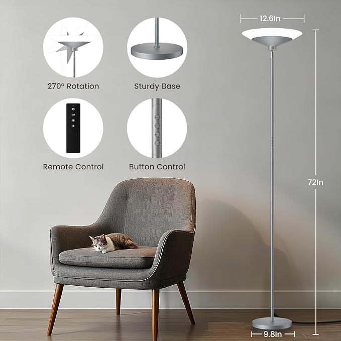 SIBRILLE Silver Torchiere Floor Lamp - 30W Dimmable LED Standing Lamp with Remote/Button Control, 1800Lm, 3000-6500K, 72in Bright Standing Pole Light for Living Room Bedroom Office Corner