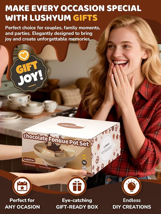 Electric Chocolate Fondue Set, 4-Cup Chocolate, Rotating Tray | Melt & Warm Modes, Dual Silicone Inserts, 6 Color-Coded Forks, Easy-Clean, Ideal for Candy Melts, Couple Family & Date Night