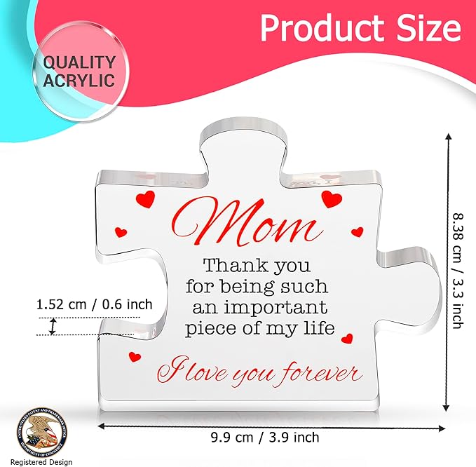VELENTI Gifts for Mom - Engraved Acrylic Block Puzzle Mom Present - Adorable Mom's Gift from Son, Daughter - Fun Christmas, Mothers Day, Birthday Gift Idea for Moms - Fancy Decoration Piece for Home