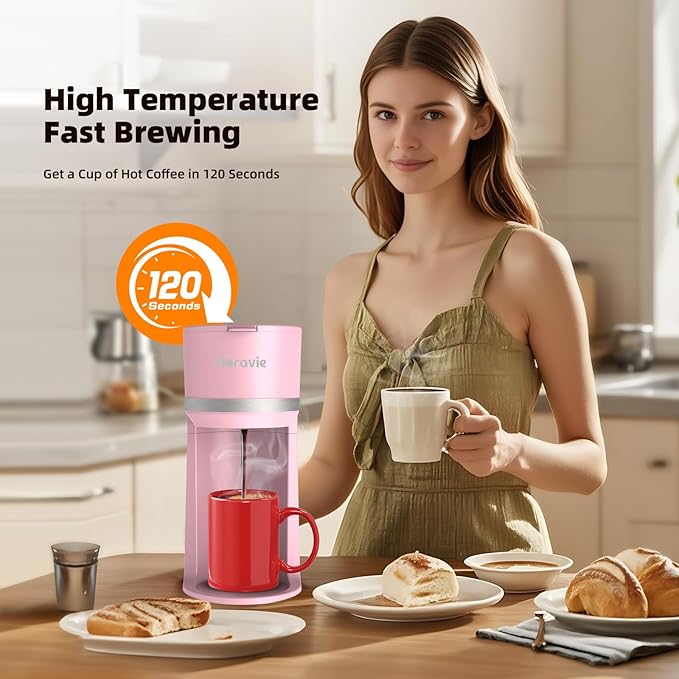 Horavie Mini Single Serve Coffee Maker for K-Cup Pod and Grounds, Fast Brew One Cup Coffee Machine with Descaling Reminder and Water Window, 6 to 12 oz. Brew Sizes, Pink