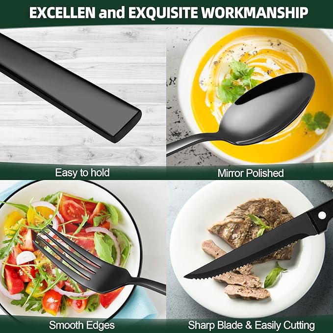 CEKEE 72-Piece Black Silverware Set with Steak Knives, Stainless Steel Flatware Set for 12, Tableware Cutlery Set, Kitchen Utensils Set for Home & Restaurant, Heavy Duty & Mirror Finished