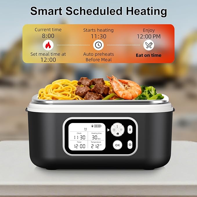 Cordless Electric Heated Lunch Box, XL 6.3Cups Rechargeable Food Warmer Lunch Box with Self Heating, Smart Timer, Adjustable Temperature, Leakproof, BPA Free, Removable Divider Black