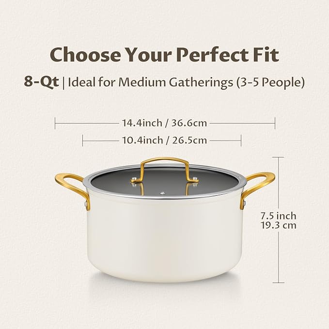 BEZIA 8QT Ceramic Non Stick Stock Pot with Lid, Induction Cooking Pot | PTFE/PFOA-Free Nonstick Pot, Oven & Dishwasher Safe, Works on All Stovetops, Ideal for Family Dinners, Everyday Soups & Pasta