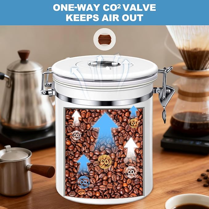 ShanSon Coffee Canister Airtight Coffee Container Stainless Steel Coffee Bean Storage Container with Scoop Coffee Canister for Beans Grounds Sugar Flour Tea Cereal,16OZ, White