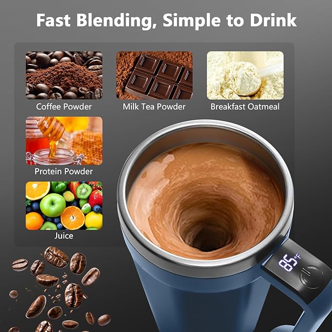 Self Stirring Coffee Mug with Temperature Display, 18 oz Rechargeable Self Stirring Mug with Lid, Automatic Self Stirring Cup, Coffee Mug with Stainless Steel for Coffee, Milk, Beverages, Blue