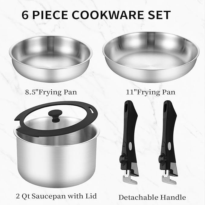 Inqibee Tri-Ply Stainless Steel Cookware Set with Detachable Handle, Removable Handle Pots and Pans Set 6pcs, Induction Kitchen Cooking Set for Home & RV Camping, Dishwasher and Oven Safe