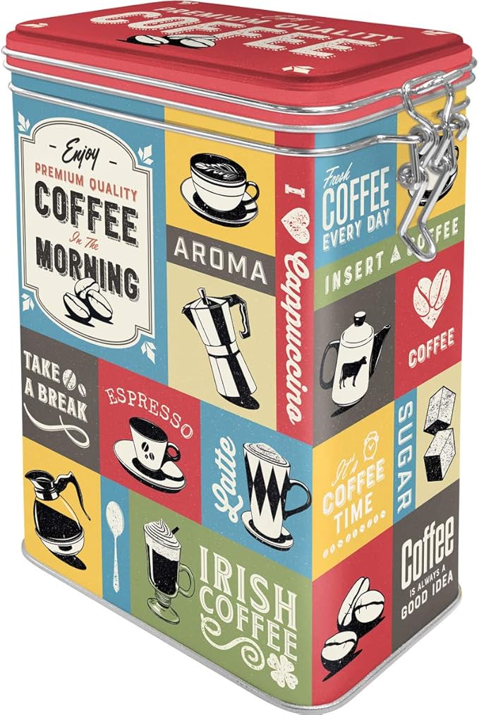 Nostalgic-Art Retro coffee tin box, 44 oz, Coffee Collage – Gift idea for coffee fans, metal clip top can, vintage design