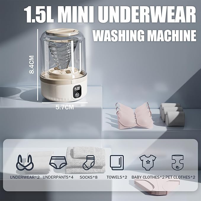 Underwear Washing Machine, Upgrade 1.5L Mini Portable Washing Machine Rechargeable Underwear Washer Deep Cleans Small Clothes for Apartment, Dorm, RV, Travel & Hotel Use (khaki)