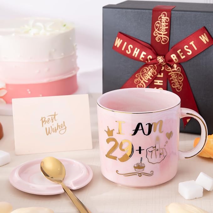 Funny 30th Birthday Gifts for Women - 14oz Pink Marble Ceramic Coffee Mug with Cheeky 29+1 Joke, Elegant Gold Print, Include Greeting Card & Beautiful Gift Box, Perfect for Birthday Celebration, Party
