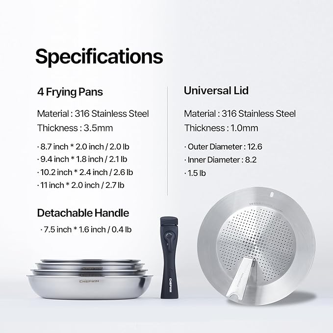 316 Stainless Steel Removable Handle Cookware, 5-Ply Stackable Cookware Set, 6-Piece Pans with Universal Lid, Induction Compatible, Oven & Dishwasher Safe