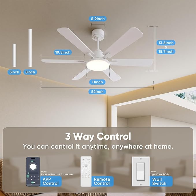 52 Inch Ceiling Fans with Lights, 6 Double Sided Blades, Ultra Quiet Reversible DC Motor, Remote & APP Control, 6 Speeds, 3CCT Dimmable LED with Memory Function, Downrod Mount for Living Room, White