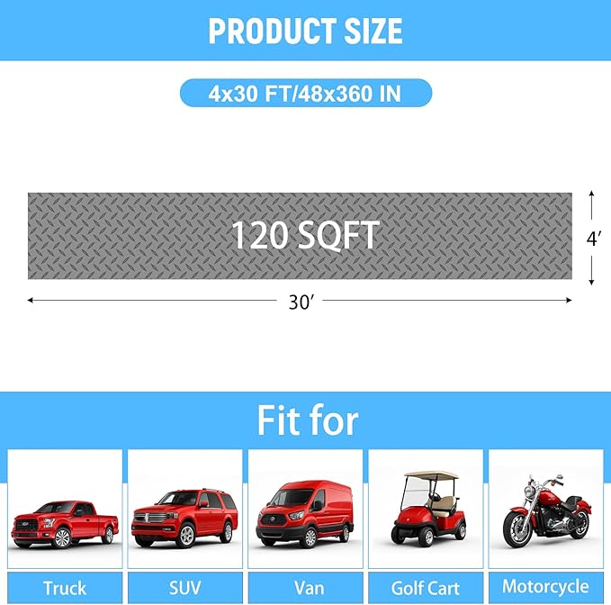 4x30 FT Garage Floor Mat, 2.8mm Thickened PVC Flooring Roll for Under Car, Golf Cart Parking Mat, Diamond Plate Gray Motorcycle Mat for Warehouse, Basement, Gyms, Trailer（Included Tapes）