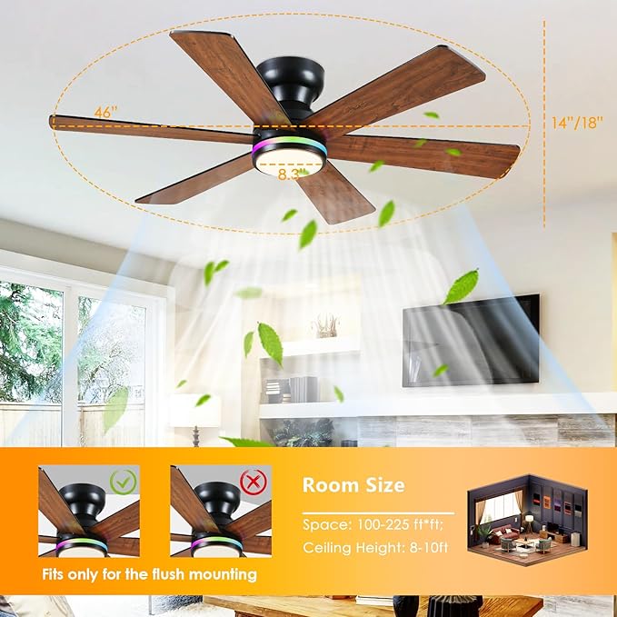 Asyko 46In Low Profile Ceiling Fans with RGB Light,Ceiling Fan, Modern Flush Mount Fan Light for Indoor Bedroom, Kids Room,Dimmable+3CCT, Quiet Reversible Motor