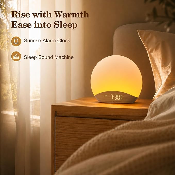 REACHER Wood Grain Sunrise Alarm Clock and Sound Machine Nightlight, Digital Dimmable Clock for Bedroom, 26 Sleep Sounds, White Noise Machine for Baby, Adults, Wake Up Light Alarm Clock for Kids