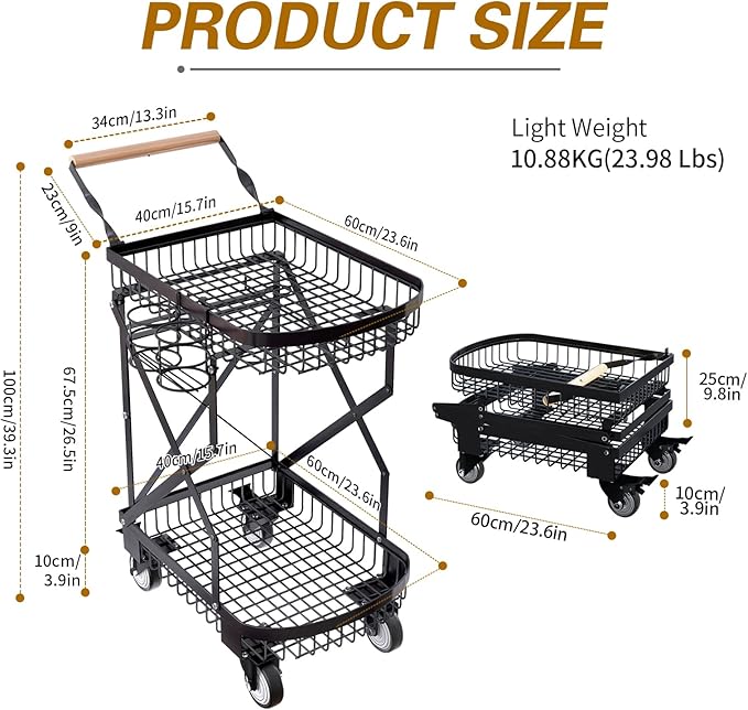 2-Tier Foldable Shopping Cart with Wheels for Groceries, Grocery Store Cart with 360° Rolling Swivel Wheels, Heavy Duty Folding Utility Cart for Camping Gear, Traveling, Laundry, Garden, Pantry