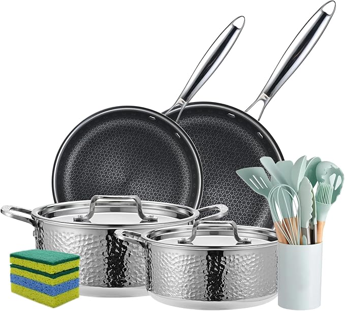 Vivicreate 20 Piece Tri-Ply Stainless Steel Cookware Set, Hammered Pots and Pans with 2 Nonstick Frying Pans and 2 Pots with Lids, 304 Interior, Induction Compatible